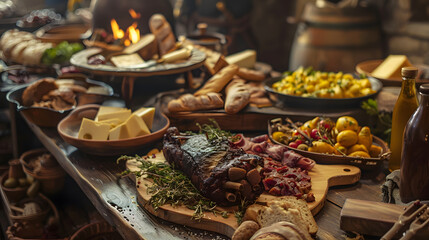 Sumptuous Fantastical Repast Close-Up Spiced Meats Rustic Breads Artisanal Chee