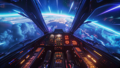 vibrant view from a spaceship cockpit soaring through space