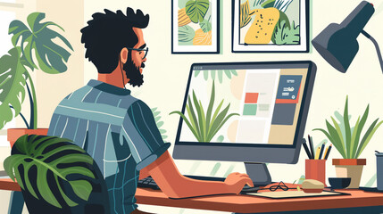 Successful  man working on laptop in office