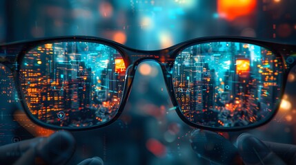 A pair of glasses reflecting a futuristic cityscape, surrounded by high-tech equipment and digital data streams, focused on a face, rendered in the style of unreal engine, with hyper-realistic detail.
