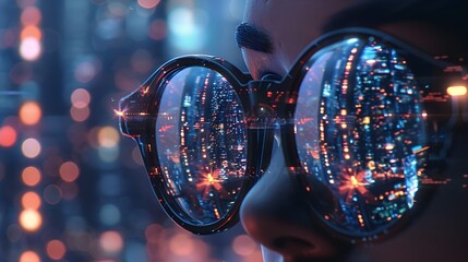 A pair of glasses reflecting a futuristic cityscape, surrounded by high-tech equipment and digital data streams, focused on a face, rendered in the style of unreal engine, with hyper-realistic detail.