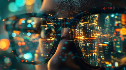 A pair of glasses reflecting a futuristic cityscape, surrounded by high-tech equipment and digital data streams, focused on a face, rendered in the style of unreal engine, with hyper-realistic detail.