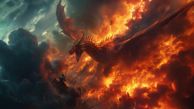 Colossal ancient red dragon coming out of an inferno to meet an assault of riding knights, wide 16:9