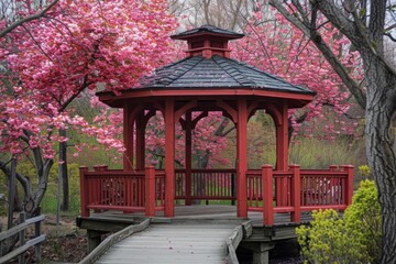 Japanese pavilion gazebo in blooming sakura trees