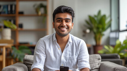 young indian man holding smartphone at home
