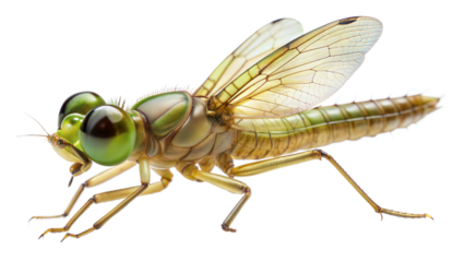 Dragonfly Larva: An image of a dragonfly larva, highlighting its aquatic body form, large eyes, and developing wings, often used to represent the insect's lifecycle, isolated on white background