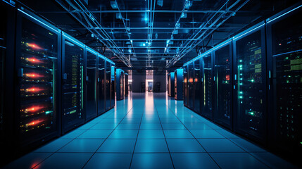 Network and internet communication technology concept, data center interior, server racks with telecommunication equipment in data center server room