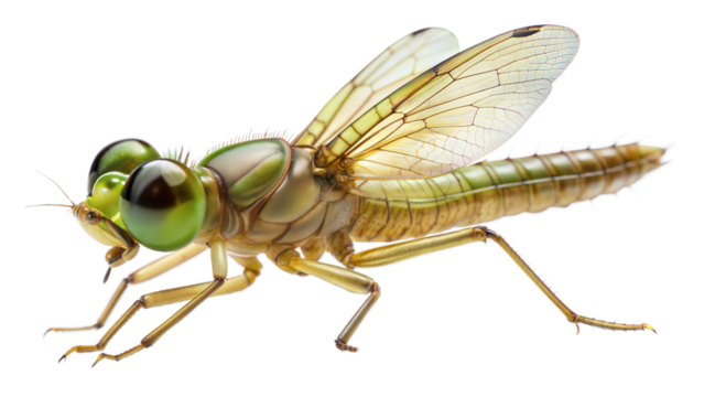 Dragonfly Larva: An image of a dragonfly larva, highlighting its aquatic body form, large eyes, and developing wings, often used to represent the insect's lifecycle, isolated on white background