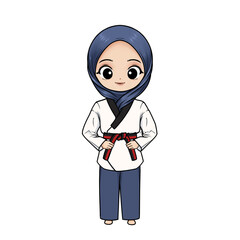 illustration of a taekwondo girl wearing a uniform and hijab with a black red belt on a transparent background