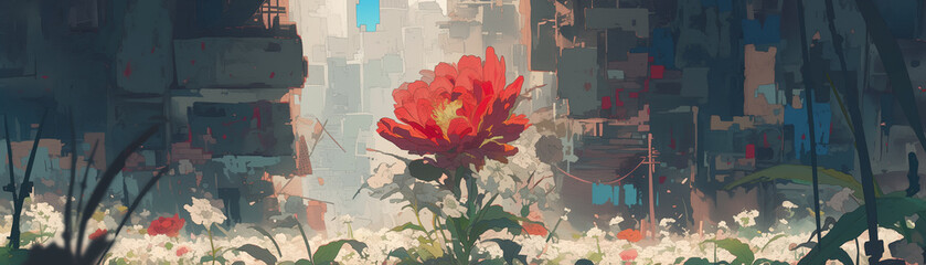 Illustration of Close-Up Flower with Background of a Destroyed City