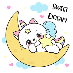 cat unicorn lover hug magic star on moon sweet dream fairy tales
