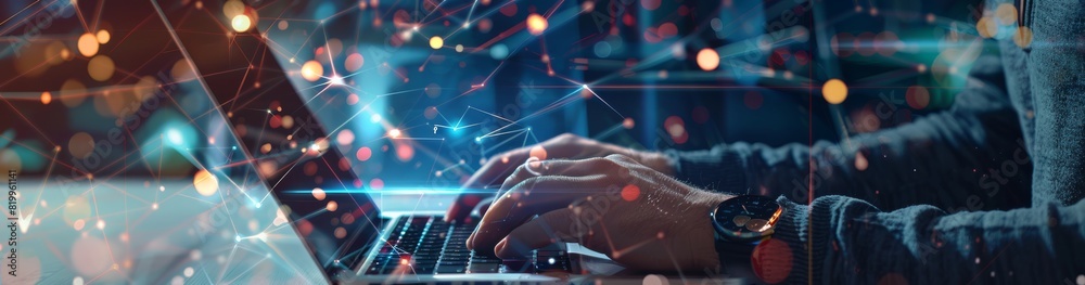 Poster In an office setting, a cybersecurity expert utilizes a cuttingedge laptop to establish intricate connections, simulating advanced digital systems with modern technology interface