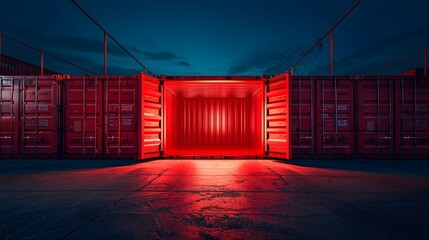 A red shipping container with its doors open, showcasing the empty space inside for cargo or products to be loaded and trunked by sea.
