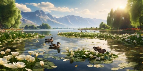 A peaceful lakeside scene with lilies and ducks  swimming 