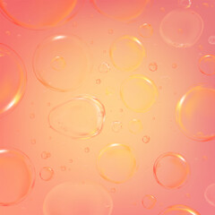 Colorful water drops bokeh,Macro oil droplet surface in orange,yellow color background.Clear Gel air bubbles,Vector Drops of cosmetic serum,Element Collagen Glycerin for Skin product background