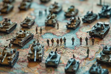 Soldier figures and tanks on strategic map, war concept