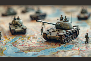 Strategic military map with figures of soldiers and tanks