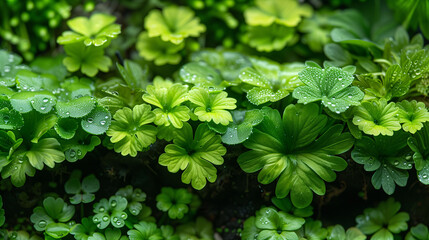 Close-up of various green plants with dew drops on their leaves, creating a fresh and vibrant natural scene.