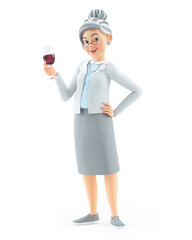 3d cartoon granny standing with glass of red wine