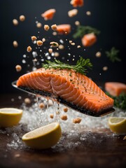 Fresh salmon fillet for steak, cinematic food photography, studio lighting and background