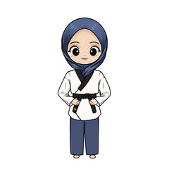 illustration of a taekwondo girl wearing a uniform and hijab with a black striped belt on a transparent background
