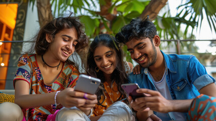 young indian friends group watching phone