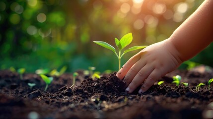 Close-up of children hands planting a tree in the soil, Planting young tree by kid hand on back soil as care and save wold concept, generative ai