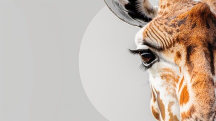 Jiraffe eye close up studio photo on neutral light grey background