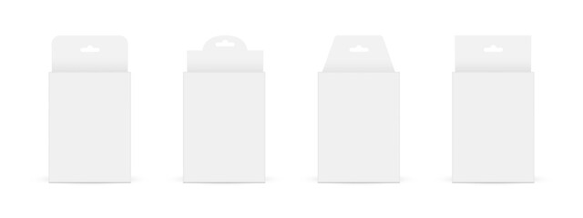 Set Of Paper Boxes With Hanging Holes, Front View, Isolated On White Background. Vector Illustration