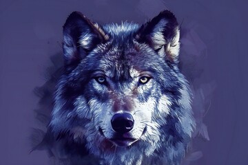 Grey wolf head design on purple background, high quality, high resolution