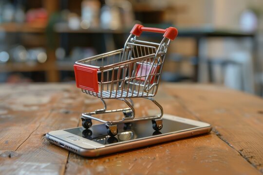 Supermarket trolley on smartphone, internet shopping concept