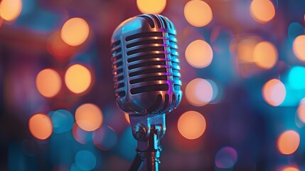 A vintage microphone with colorful lights in the background, symbolizing retro music and comedy events.
