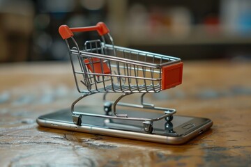 Supermarket cart on smartphone, online shopping concept