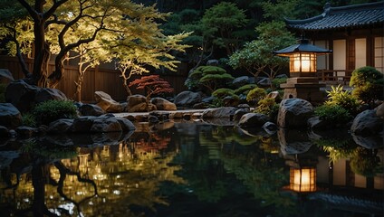 An elegant Japanese garden with meticulously manicured bonsai trees and a koi pond reflecting the soft glow of lanterns.