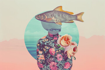 Surreal Collage of a Fish Headed Person with Flowers Against Coastal Background