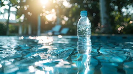 A water bottle with the backdrop of an outdoor swimming pool, featuring clear blue water and...