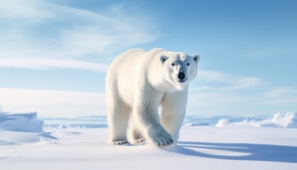 Fototapeta premium Polar bears walks in extreme winter weather, standing above snow with a view of the frost mountains