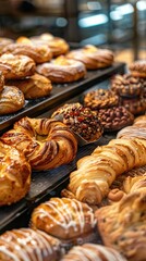 Array of assorted pastries in a bakery display selective focus, variety theme, ethereal, blend mode, bakery shop backdrop