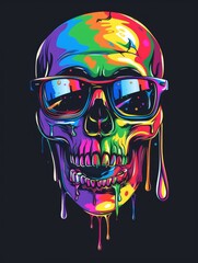 A skull with rectangular glasses, rainbow slime dripping from the mouth, in the style of sticker art, vector style, black background