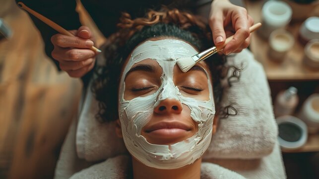 A woman is lying down with her eyes closed, and the face of another person in white applying facial mask on it. The background features a spa environment with wooden flooring.
