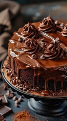 Decadent chocolate cake with rich ganache frosting close up, indulgence theme, whimsical, silhouette, cafe backdrop