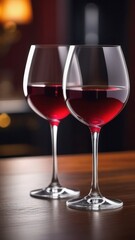 Naklejka premium Two wine glasses filled with red wine on a table against a warm, out-of-focus background. The scene exudes a cozy and inviting atmosphere, ideal for social gatherings and intimate moments