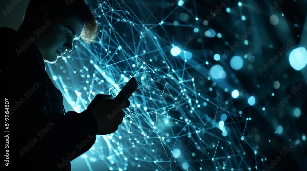 Poster A young professional is seen using a smartphone with a stateoftheart digital interface. The interface is illuminated with blue lights, creating a futuristic and innovative atmosphere
