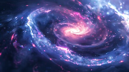Blue spiral galaxy with pink highlights, digital art style .
