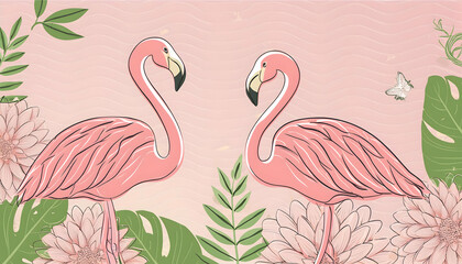 Naklejka premium flamingo on romantic with continuous on digital art concept.