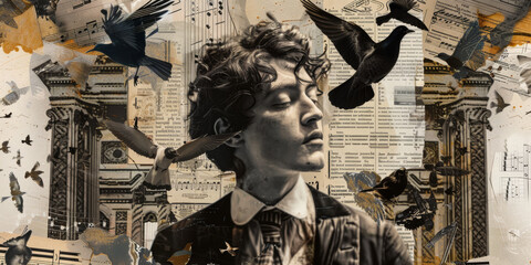 Surreal Music Collage with Birds and Vintage Elements Featuring Pensive Man
