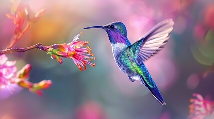 A hummingbird is hovering in front of a flower. 