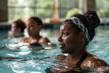 Group of women on aqua aerobics in swimming pool