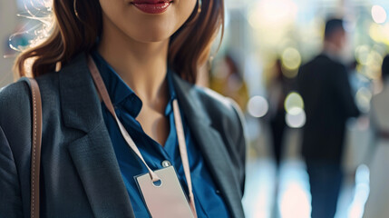 A close-up of a stylish name badge with a lanyard, prominently displaying the employeeâs name and position.