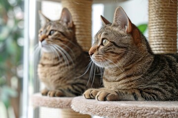 Fototapeta premium Cat near scratching posts, pet furniture